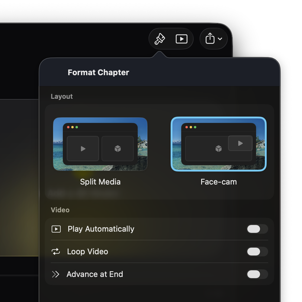 Animant chapter layouts for split view and face-cam presentations