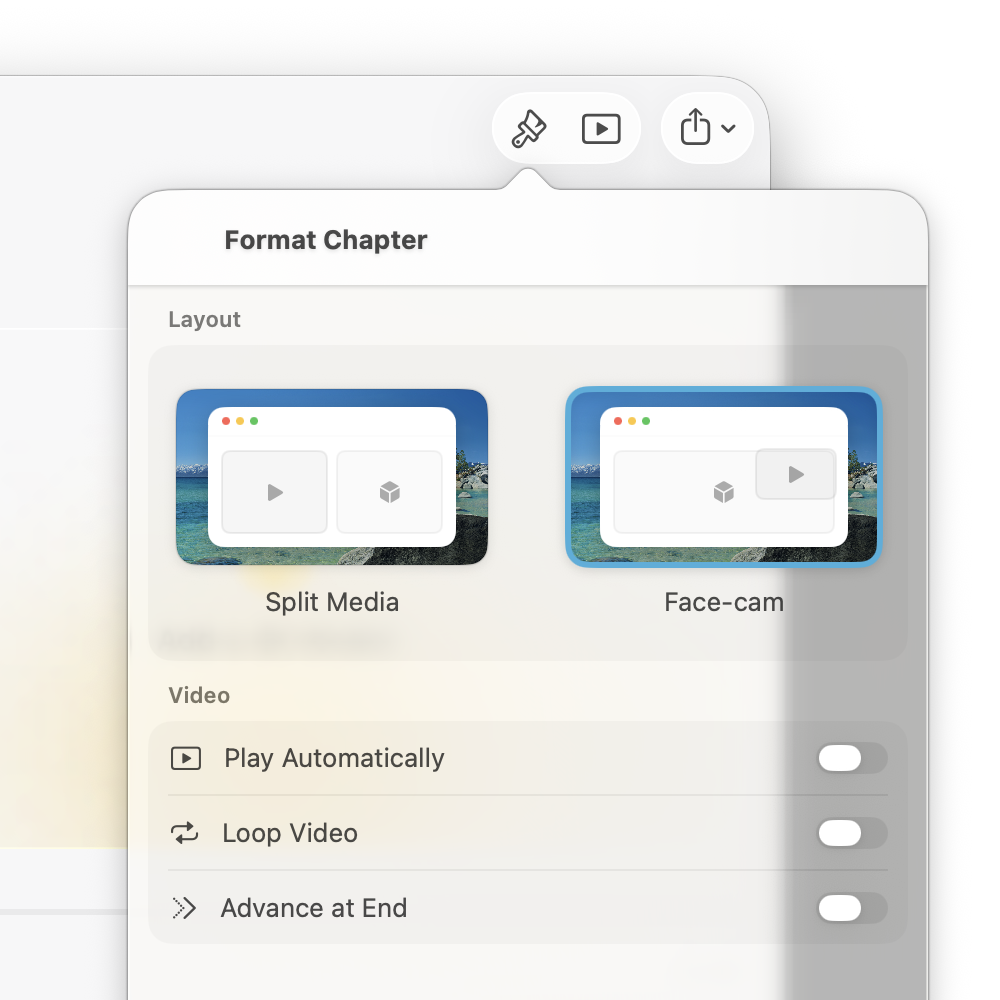 Animant chapter layouts for split view and face-cam presentations