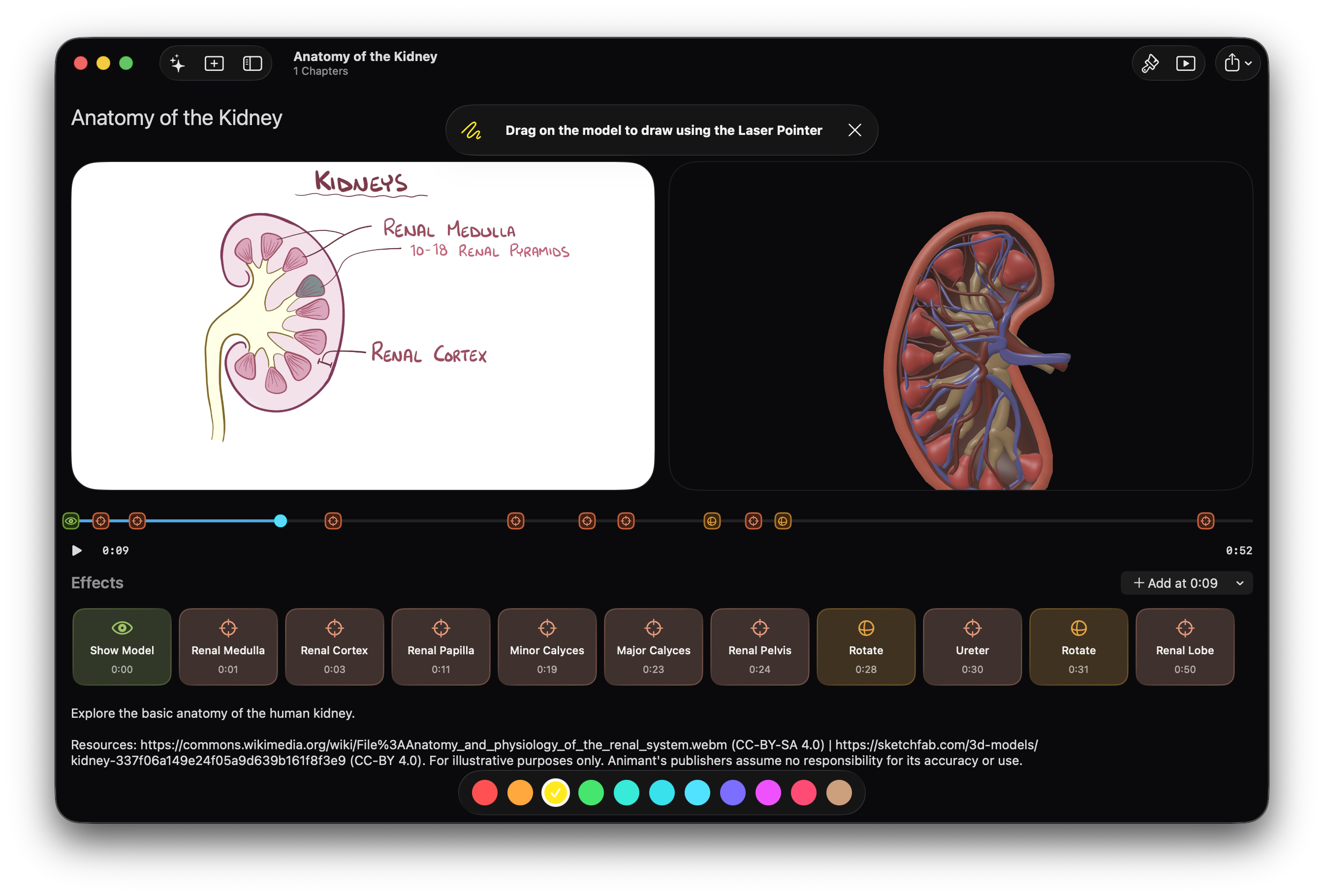 Media Effects placed at specific timestamps beneath a video and interactive 3D model