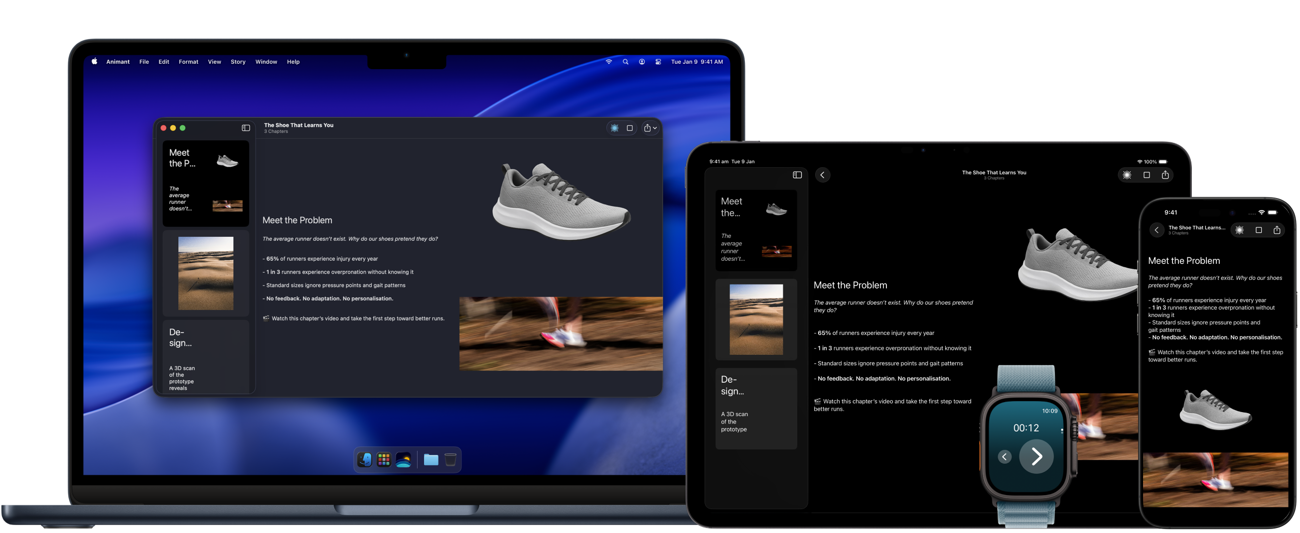 Animant running on Mac, iPad, Apple Watch, and iPhone