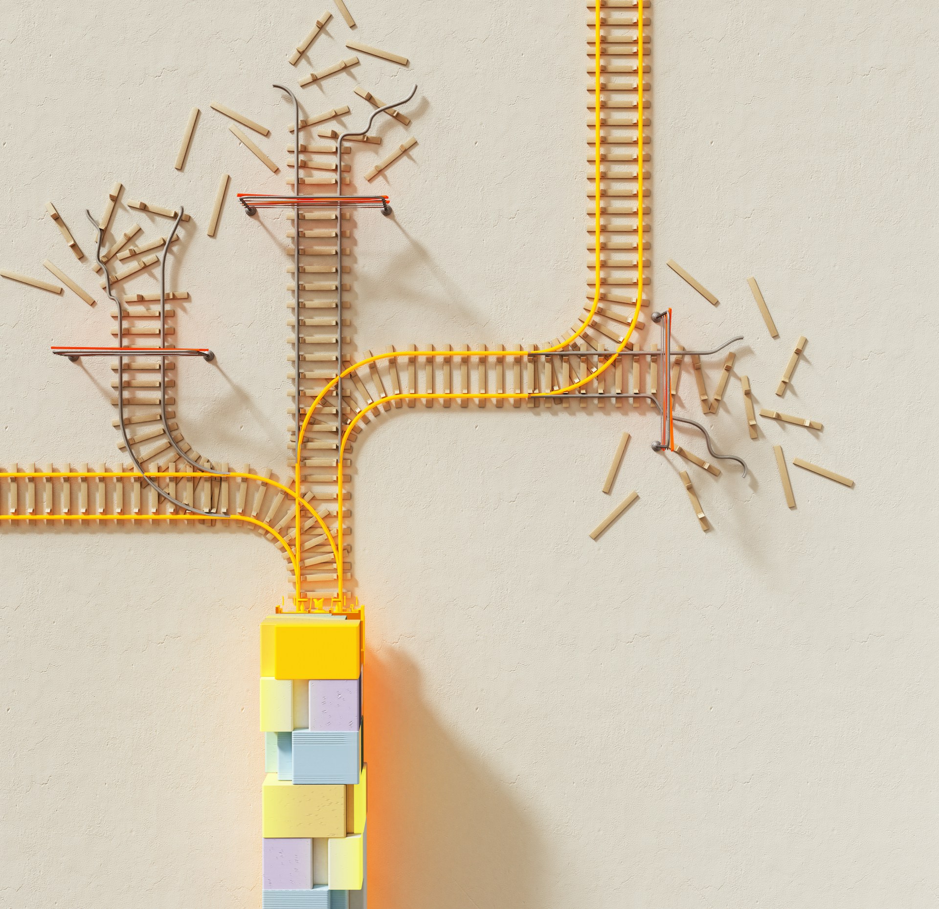 A hand-built miniature railway branching into different paths