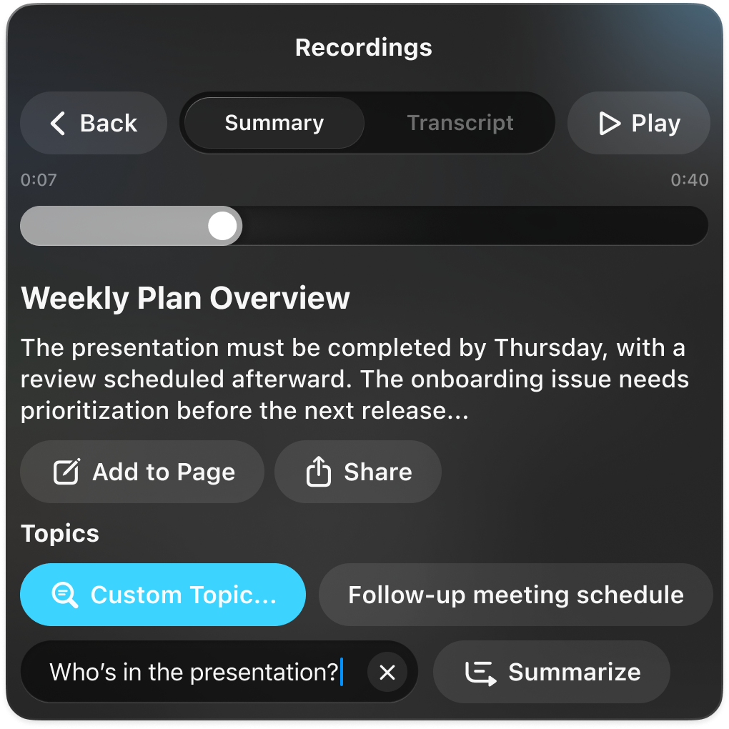 Audio recording summaries and topic detection in AxNote
