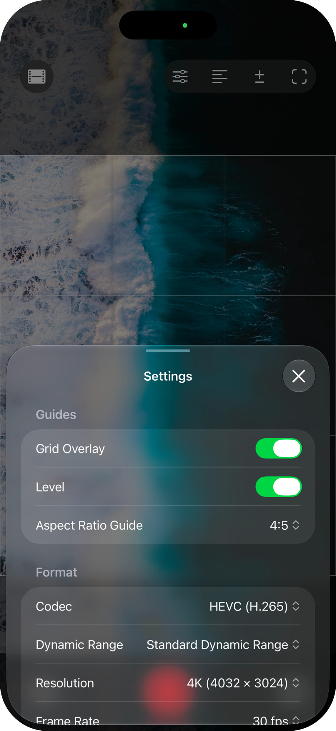 Stageframe recording settings with composition guides, codec, dynamic range, resolution, and frame rate options