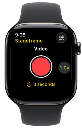 Stageframe on Apple Watch with video recording, zoom, and a three-second timer